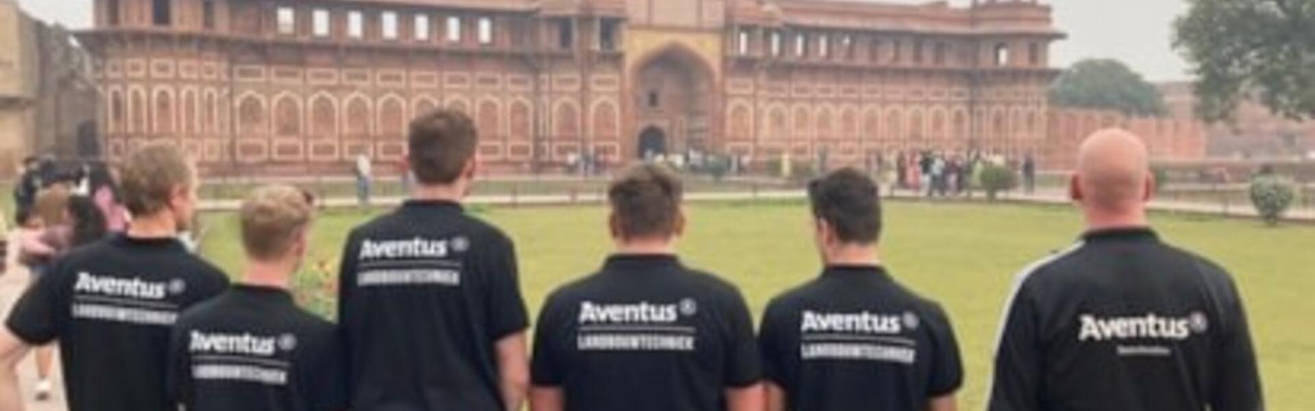 Aventus-studenten staan op een rij en kijken naar het Agra Fort in India